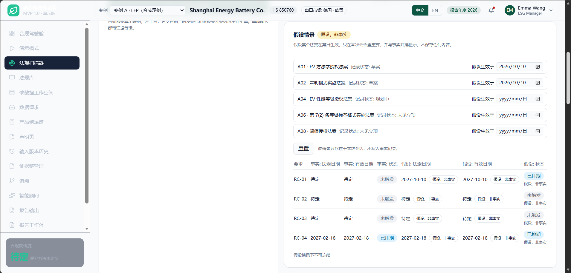 假设情景:假设两个法案同日生效,系统在内存里重算,页面标注"假设,非事实"。