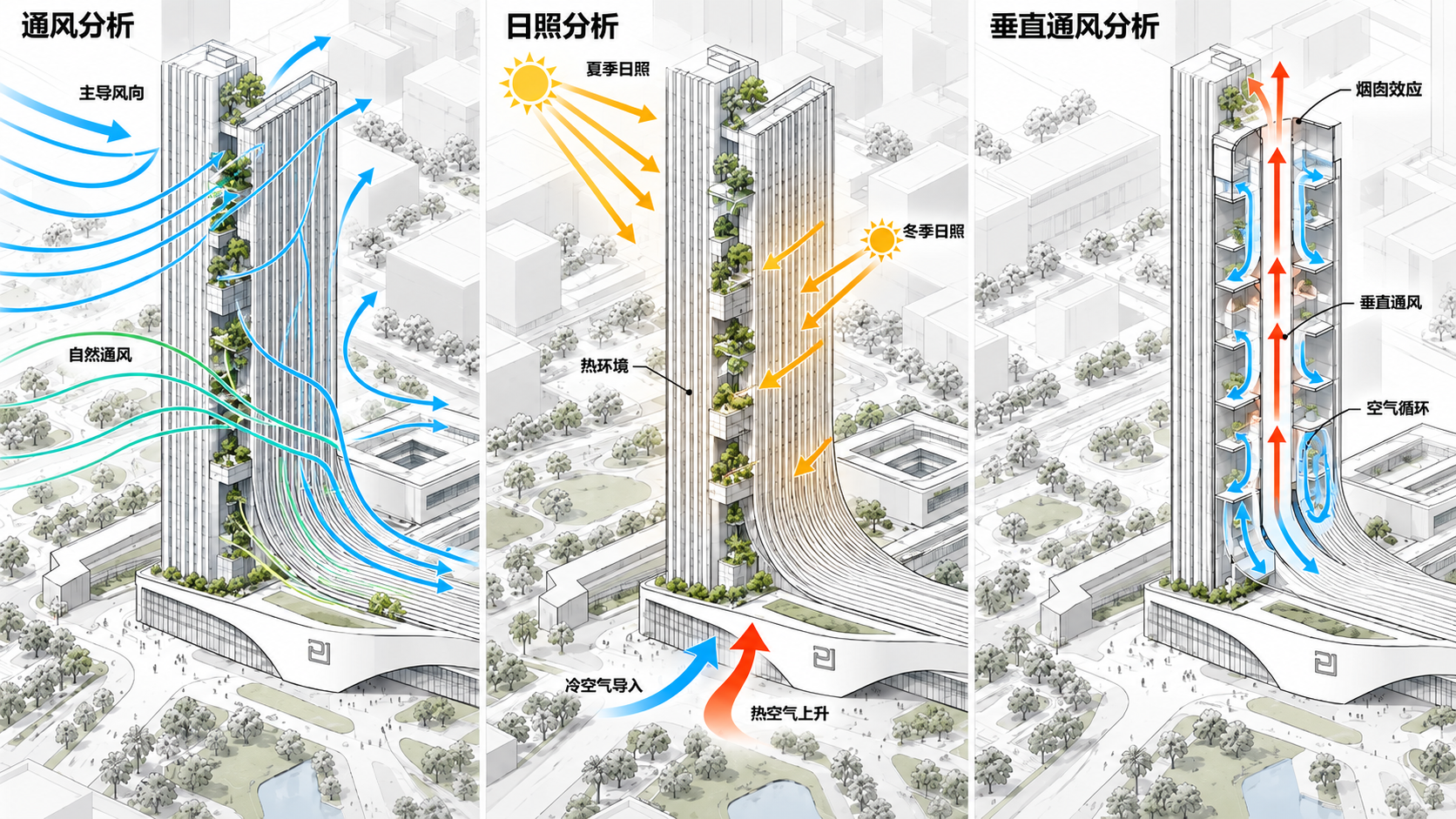 气候挑战示意 · 风压、太阳热负荷与垂直空间气流。